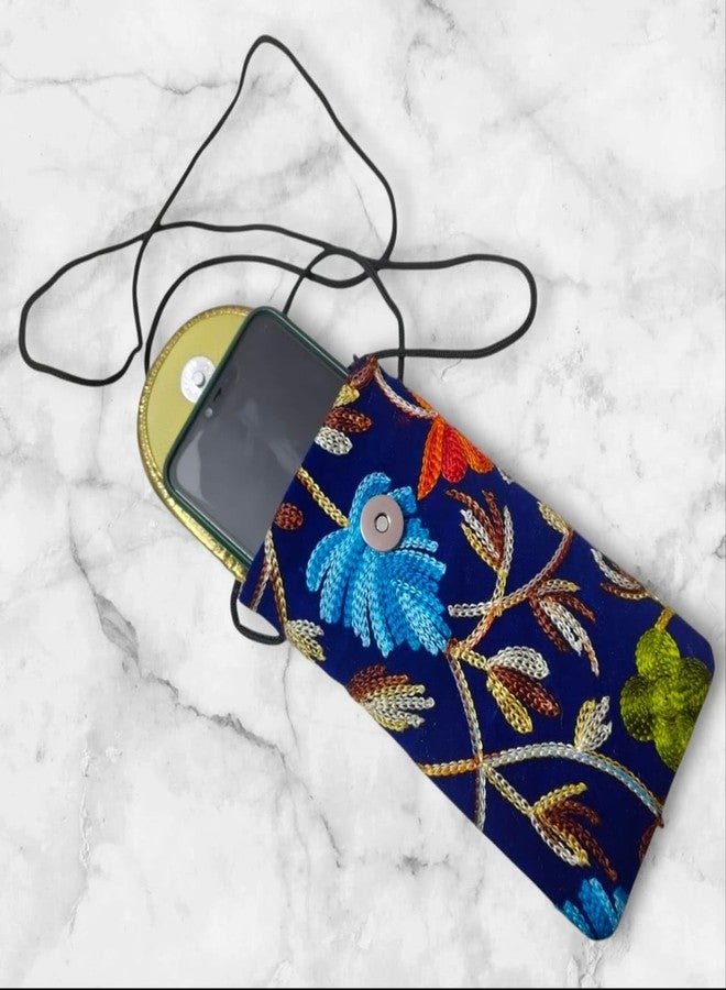 SUMERA WARQ Embroidered Mobile Pouch Cover, Navy Blue Floral Design, Handmade Ethnic Sling Bag with Clip (Blue) - Image 2
